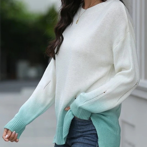 TRÏBE Mint Green & White Ombre Slouchy Fit  Distressed Sweater Size XL NWT - Picture 4 of 4